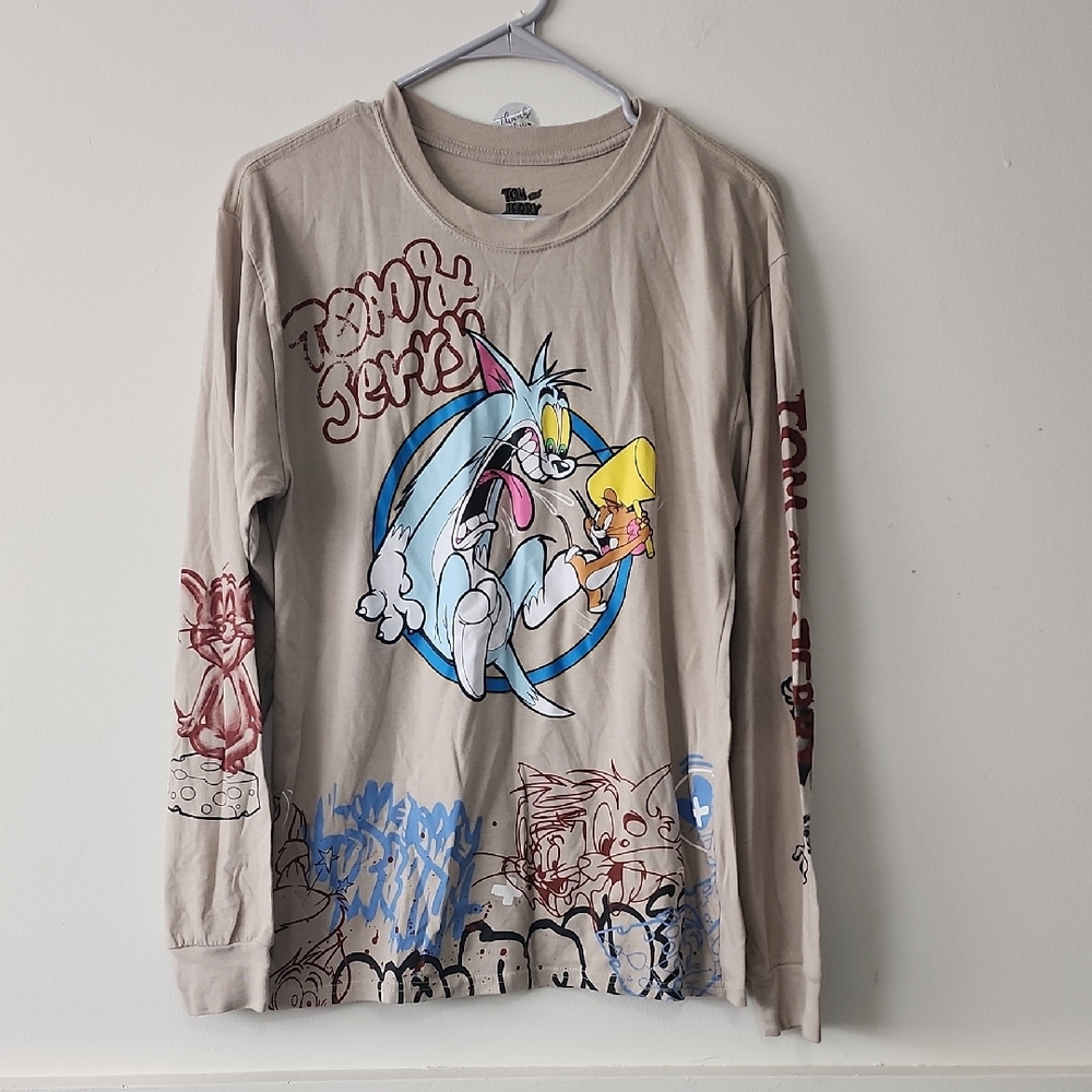 Tan Long Sleeve Sweater with Graphic Design